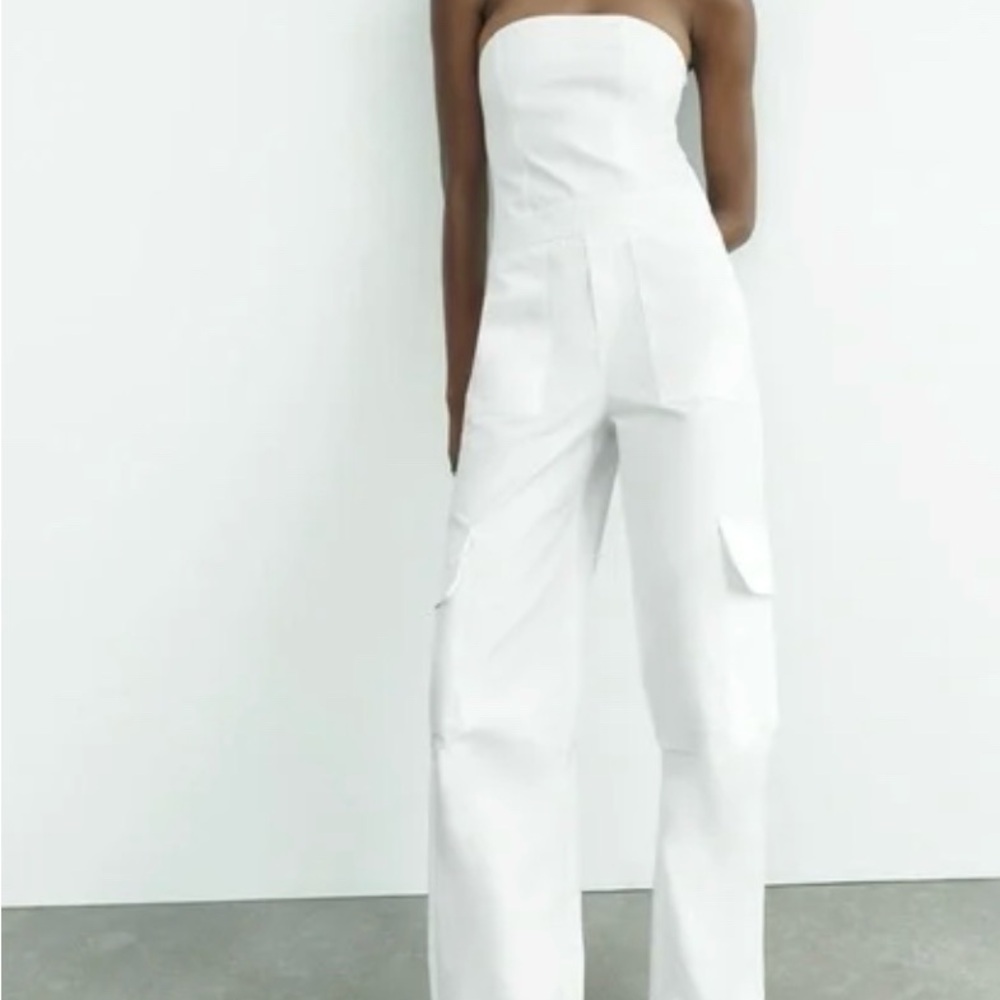 Zara Strapless White Wide-Leg Jumpsuit